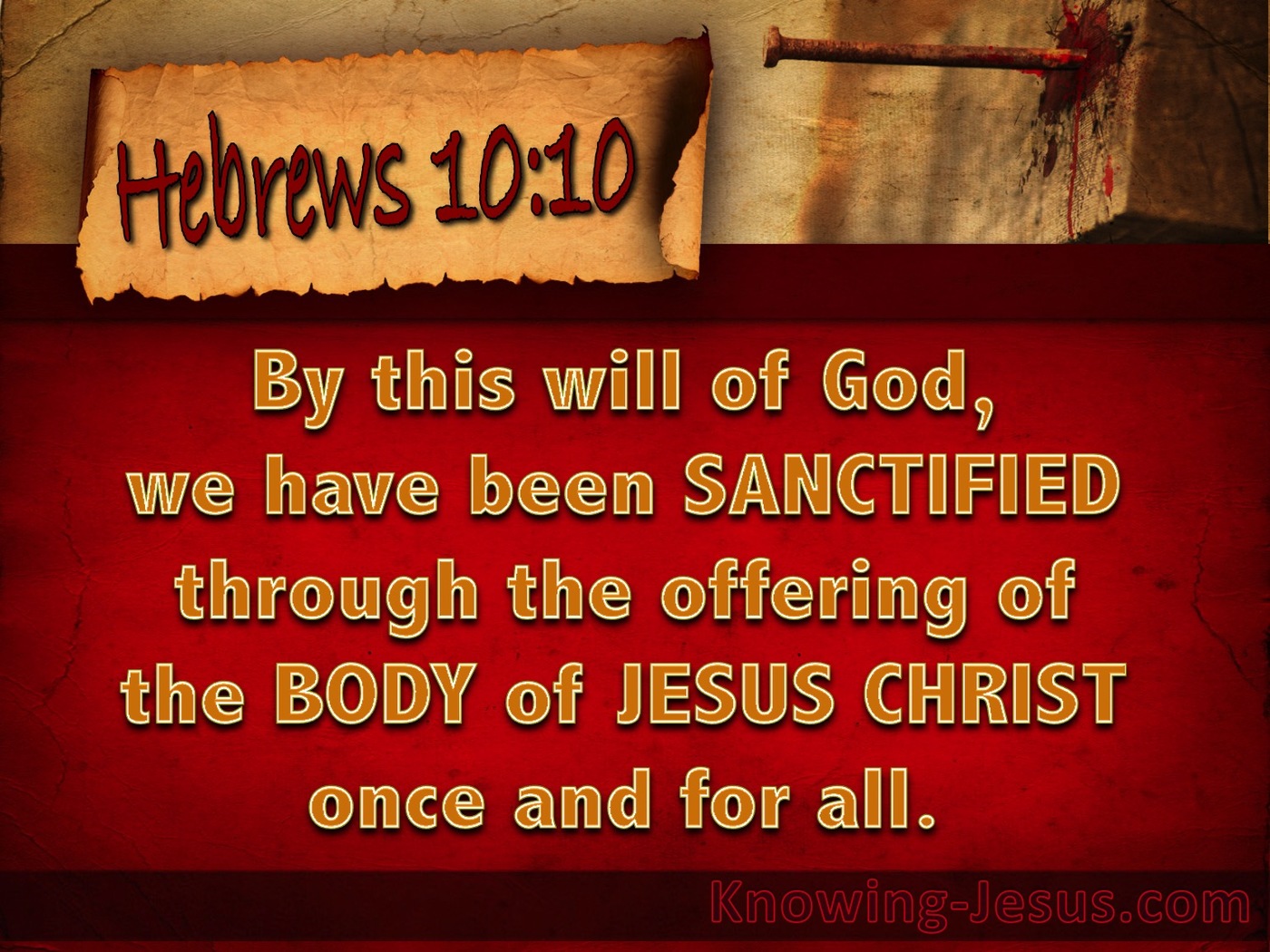 Hebrews 10:10 Sanctified Through Christ Once For All (brown)